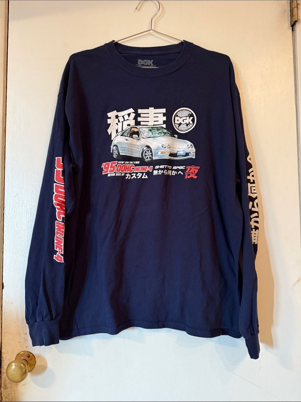 DGK Long Sleeve Tee with Car Graphic Racing Shirt Navy Blue Cotton | Men's XL